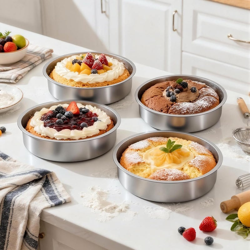Ohtomber 8 Inch Cake Pan - Set of 4 Stainless Steel Round Layer Cake Baking Pans Molds, Tins, Stackable Baking Set, Even Heating, Dishwasher Safe Non-Toxic Bakeware Dish for Birthday Wedding Christmas - Image 4